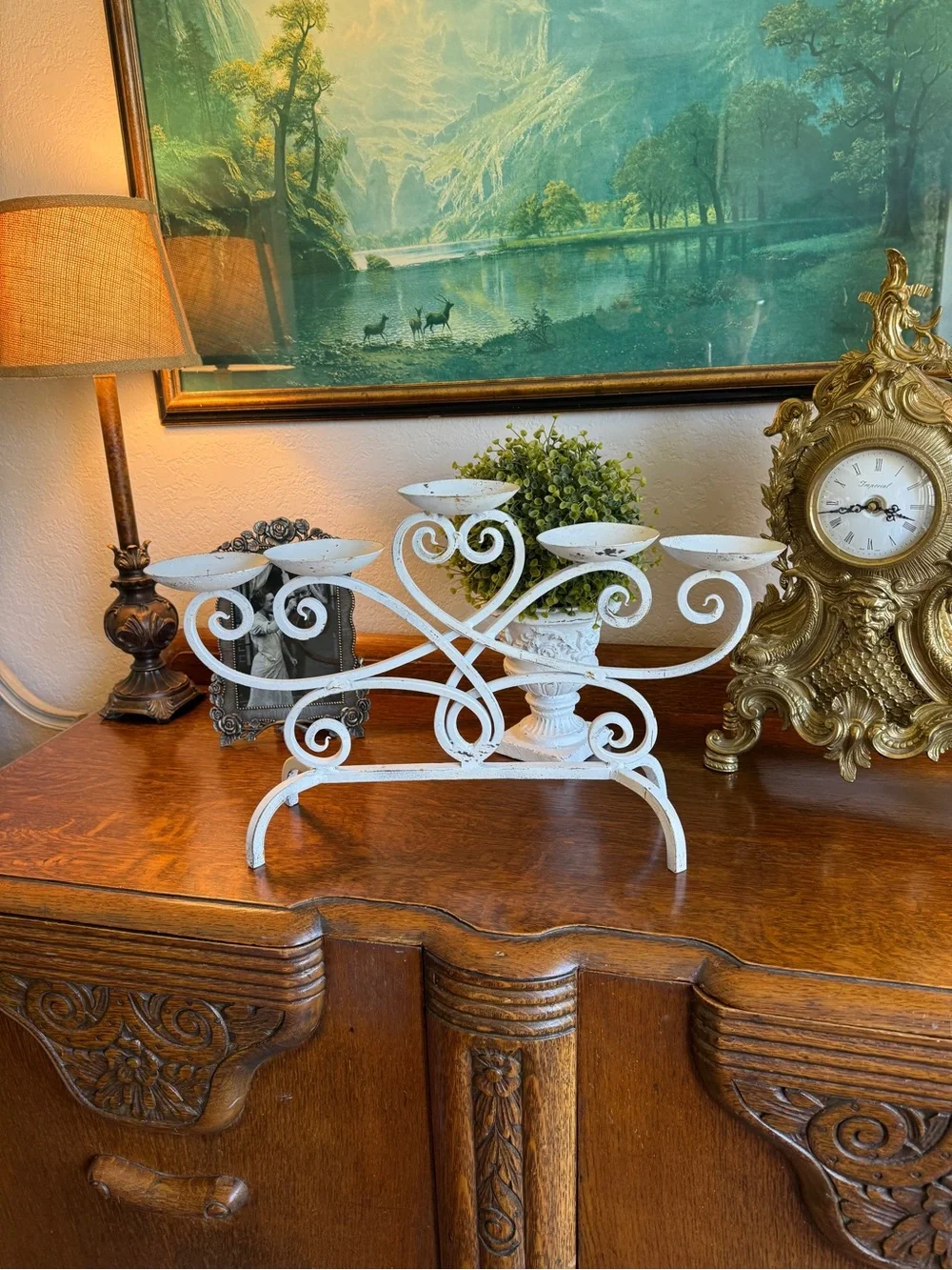 Vintage Cast Iron White Farmhouse 5-Arm Candle Holder with Genuine Patina